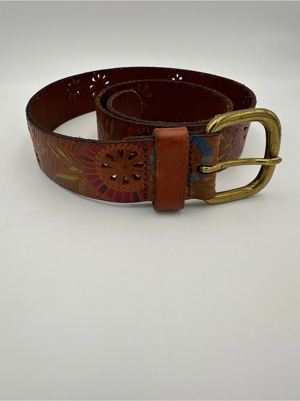 Vintage Fossil Painted Leather Floral Cutout Boho Belt BT3474998 Size Small